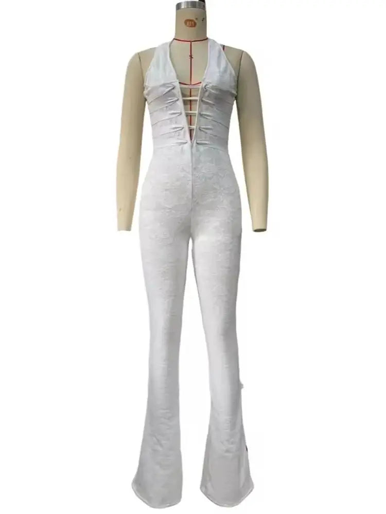 Weird Puss Hollow Bandage Jumpsuits Women Halter Sexy Jacquard Backless Sleeveless Skinny Street Workout Club Hipster Overalls
