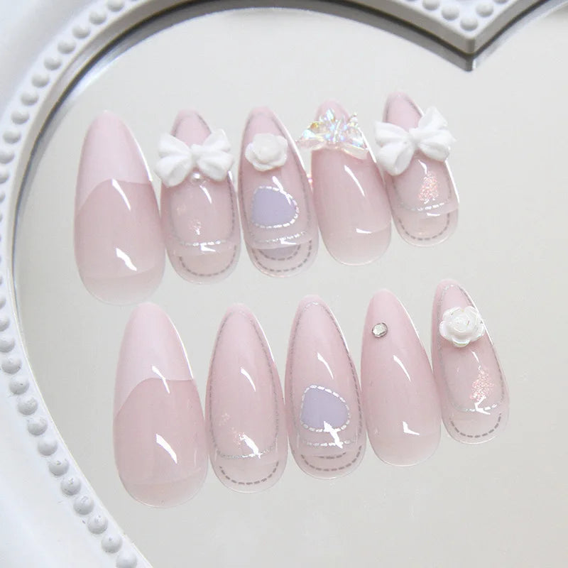 24pcs Pink White Girl Wearing Fake Nails with 3D Bow Design Shiny Pink French False Nails Wearable Full Cover Press on Nails