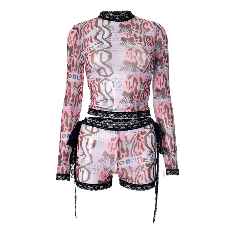Weird Puss See Through Women 2 Piece Set Sexy Black-Edged Lace Sexy Full Sleeve Crop Tops+Shorts Matching Club Stretch Outfits