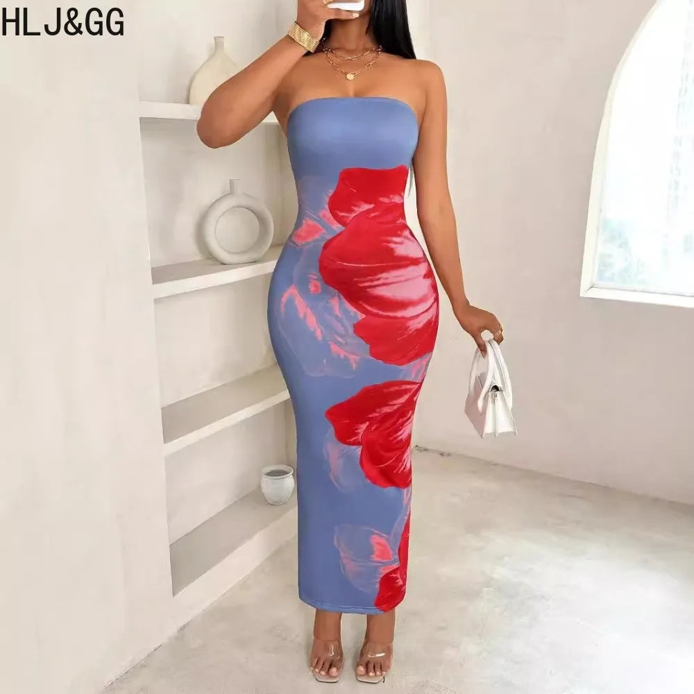 HLJ&GG Sexy Flowers Printing Bodycon Maxi Dresses Women Off Shoulder Sleeveless Backless Slim Vestidos Fashion Streetwear 2025