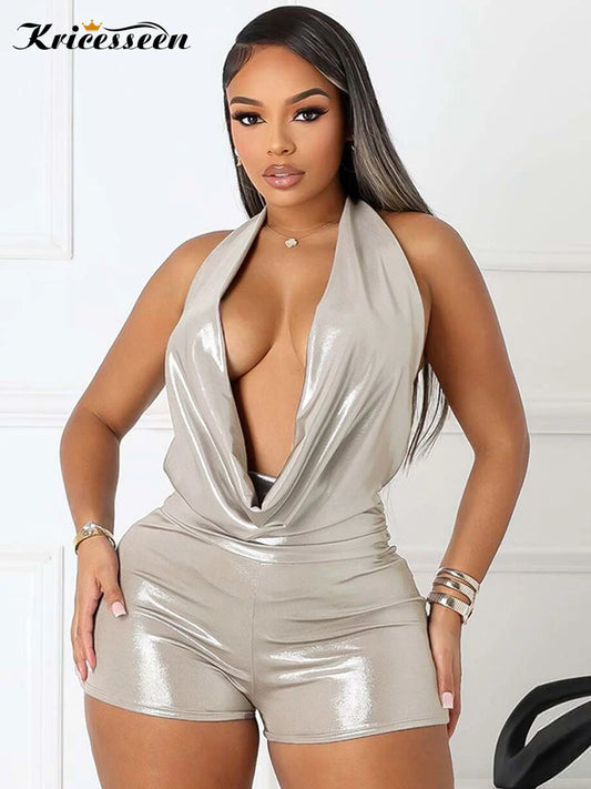 Kricesseen Women's Glitter Halter Neck Draped Metallic Rompers Glam Shiny Backless Leather Playsuits Night Out Overalls Clubwear
