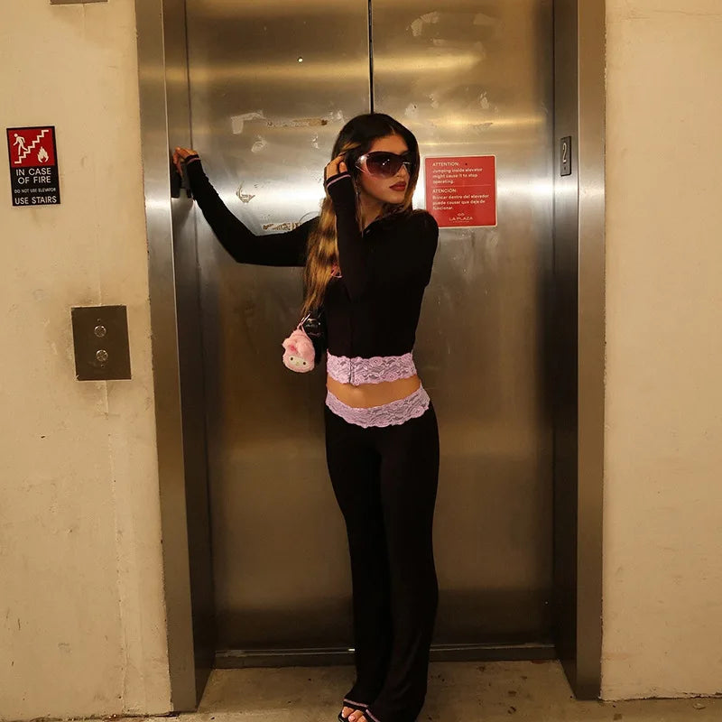 HLJ&GG Black Y2K Letter Printing Hooded Lace Splicing Two Piece Sets Women Zipper Long Sleeve Slim Top And Pants Outfits 2025
