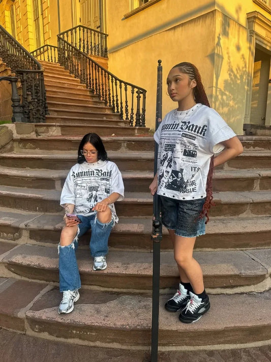 Y2K Harajuku hollowed-out pattern printed fashionable couple T-shirts retro Gothic loose shirts hip-hop trend punk short sleeves