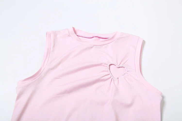 Weird Puss Heart Hollow 2 Piece Set Women o-Neck Sleeveless Tops+Skinny Stretch Pants Vacation Casual Simple Elegant Solid Suits