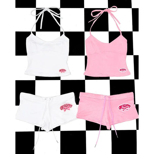 Y2k Summer Dopamine Sexy Hot Girl Beach Strap Tank Top American Super Shorts Two Piece Set