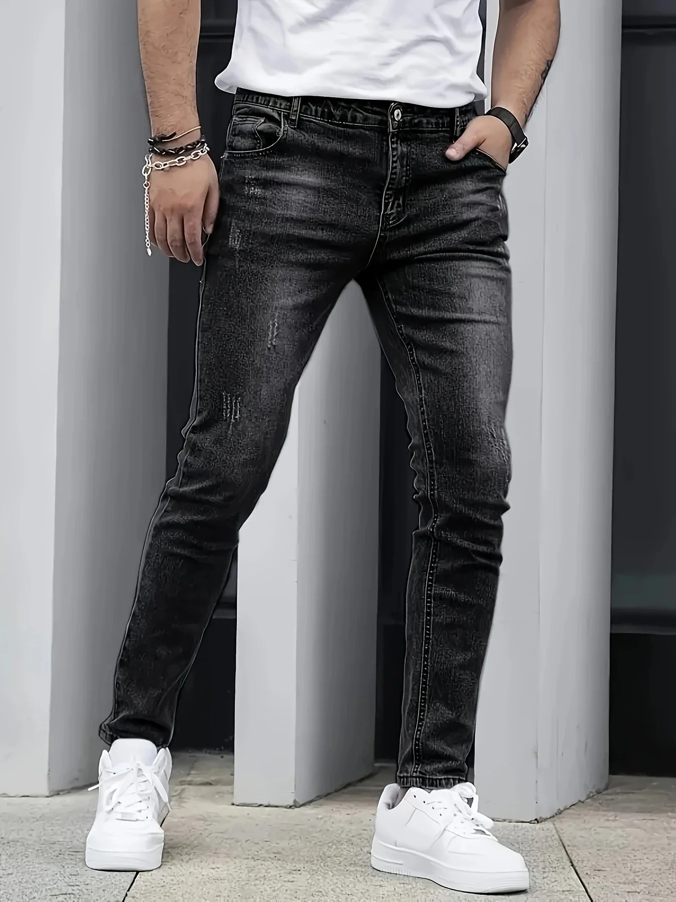 1 Piece of Men's Four-Season Snowflake Washed Fashion Jeans, Stretch Slim Fit Light Gray Dark Black Casual Denim Pants, Normcore and Fashionable, Suitable for Everyday Wear