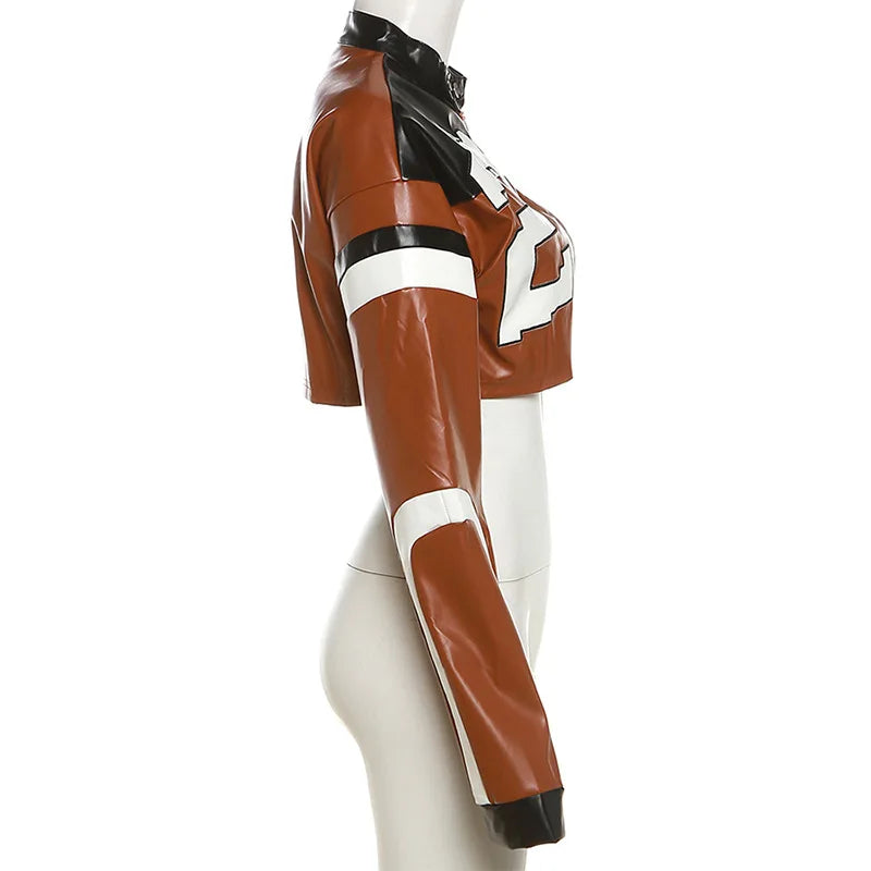 HLJ&GG Fashion Y2K Leather Jacket 3 Piece Sets Women Letter Print Zipper Long Sleeve Crop Top+Bodysuits+Shorts Outfit Streetwear