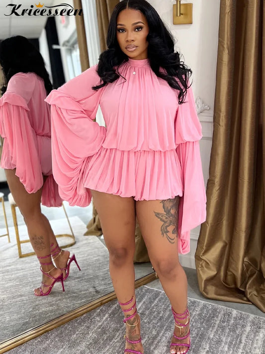 Kricesseen Luxury Girl Sheer Mesh Ruched Playsuits Women's Sexy Ruffles Tierred Zipper Back Rompers Holiday Outfits Clubwear