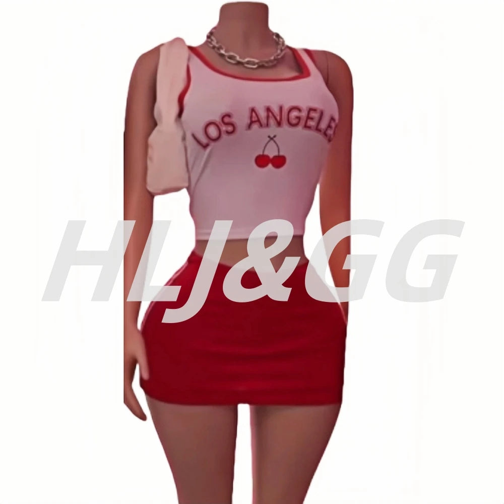HLJ&GG Red Stripe Knitting Y2K Fashion Streetwear Women O Neck Sleeveless Slim Crop Top And Shorts Two Piece Sets Outfits 2025