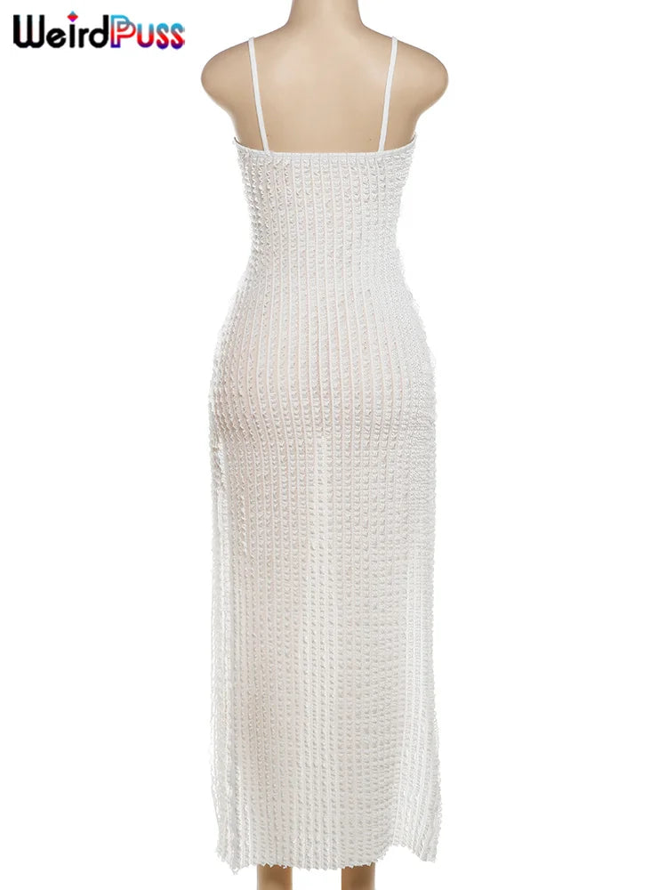 Weird Puss Patchwork Lace Sexy Dress Women See Through Summer Sleeveless Deep v-Neck Split Long Slim Bodycon Vacation Clubwear