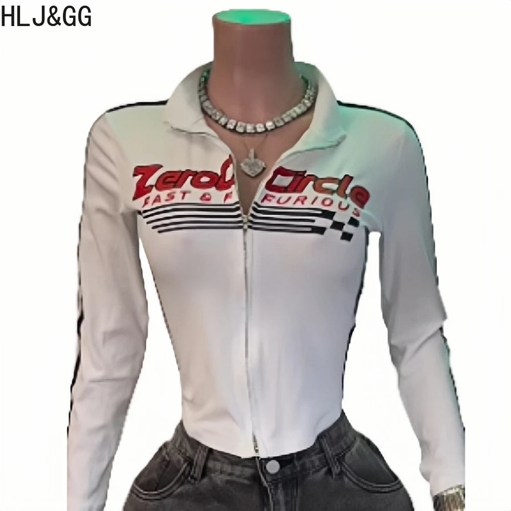 HLJ&GG American Vintage Letter Print Two Piece Sets Women Zip Long Sleeve Slim Top+jeans Pocket Pants Outfits Fashion Streetwear