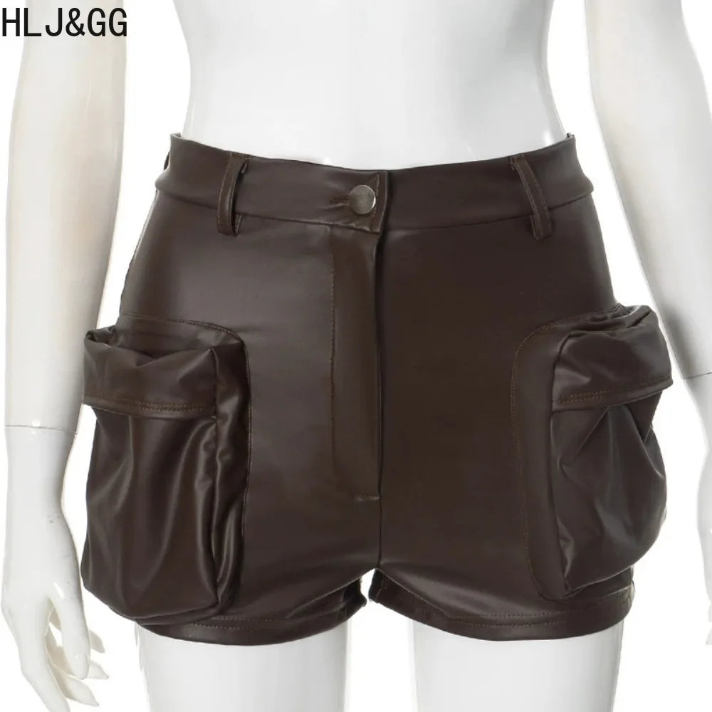 HLJ&GG Brown Y2K Fashion Leather Cargo Shorts Two Piece Sets Women Off Shoulder Zip Slim Crop Top And Shorts Outfits Streetwear