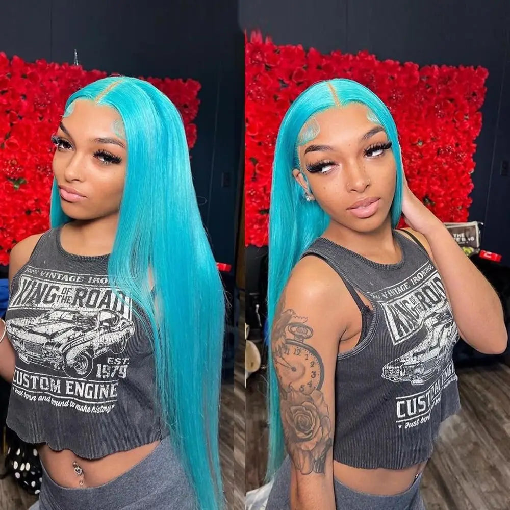 13x4 Frontal Transparent Lace Pre-Plucked Hairline Wigs Light Blue Straight Wigs High Density Brazilian Virgin Human Hair Wigs