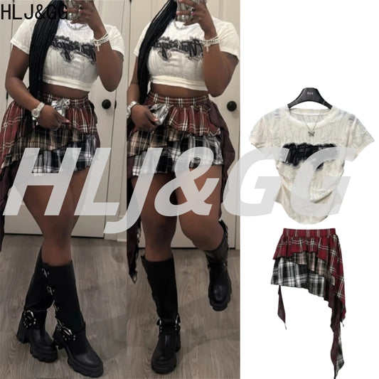 HLJ&GG Fashion Plaid Printing Irregular Mini Skirts Two Piece Sets Women O Neck Short Sleeve Top And Skirts Outfits Streetwear