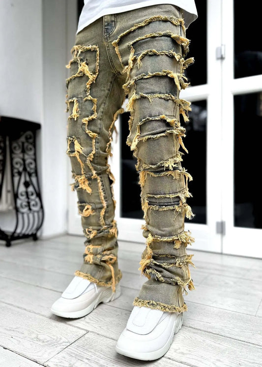 High Street White Men's Stacked Jeans Stretched Patchwork Tassel Damaged Denim Full Length Pants Hip-pop Trousers For Male 