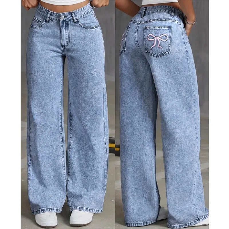 Wide Leg Jeans High waisted Bow Embroidered Pocket Wide Leg Jeans Fashionable ladies Trousers Casual Style