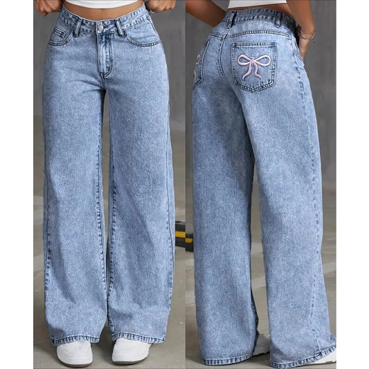 Wide Leg Jeans High waisted  Bow Embroidered Pocket Wide Leg Jeans  Fashionable ladies Trousers Casual Style