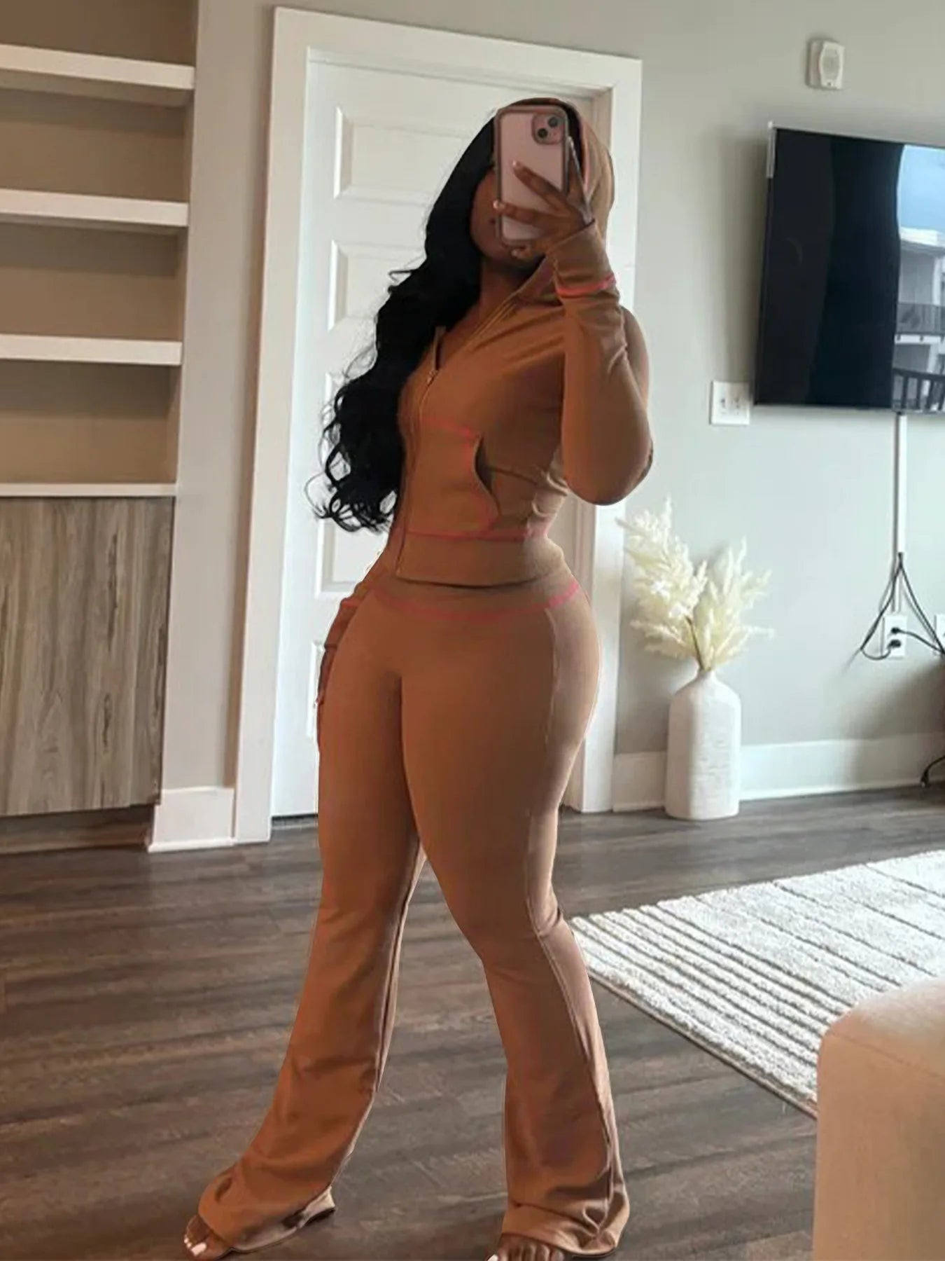 HLJ&GG Spring New Waffle Flare Pants Two Piece Sets Women Zip Hooded Long Sleeve Top + Pants Outfits Casual Sporty 2pcs Clothing