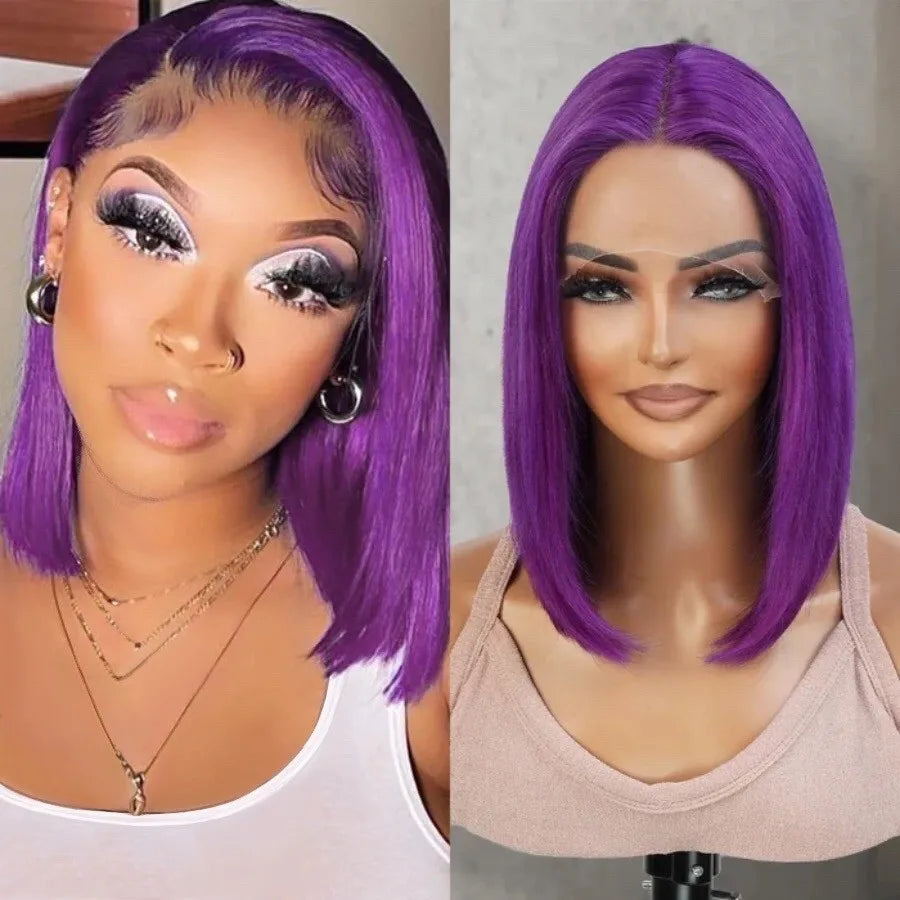 Short Bob Wig 180% Dark Purple Lace Front Human Hair Wigs For Women 13x4 Lace Frontal Wig Colored Straight Bob Lace Front Wigs