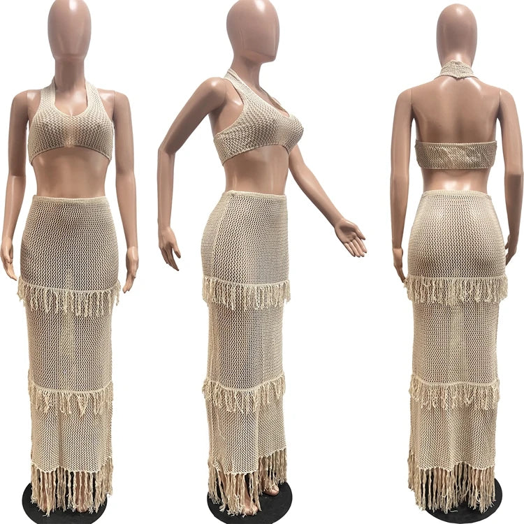 STYLISH LADY Tassel Crochet 2 Piece Set Women Halter Backless Crop Top and Maxi Skirts Suits 2025 Summer Sexy Beach Outfits
