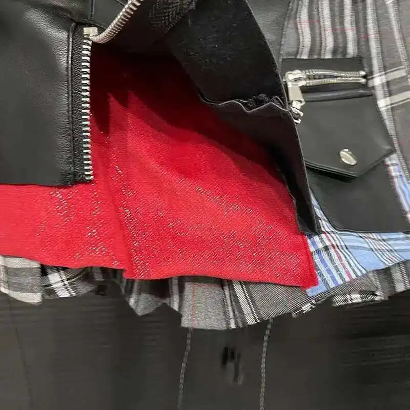 DEAT 2025 Summer New Patchwork Plaid Irregular Pleated Mini Skirt, Zipper Pockets Lace Design Skirts 29L7565