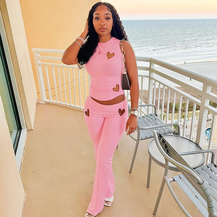 STYLISH LADY Cut Out Heart Fitness 2 Piece Set Women Sleeveless Crop Top and Skinny Pant Suits 2025 Summer Hot Girl Tracksuits