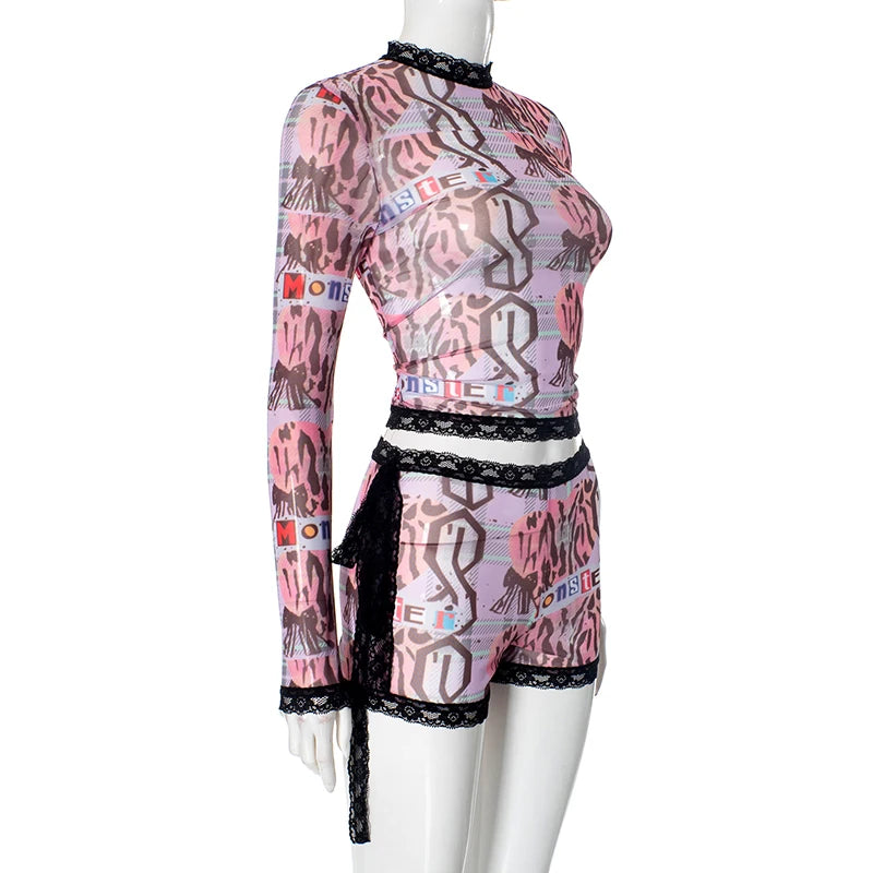 Weird Puss See Through Women 2 Piece Set Sexy Black-Edged Lace Sexy Full Sleeve Crop Tops+Shorts Matching Club Stretch Outfits