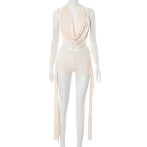 STYLISH LADY Nude Ribbon 2 Piece Set Women Halter Backless Crop Top and Shorts Suits 2025 Summer Sexy Club Hollow Out Outfits