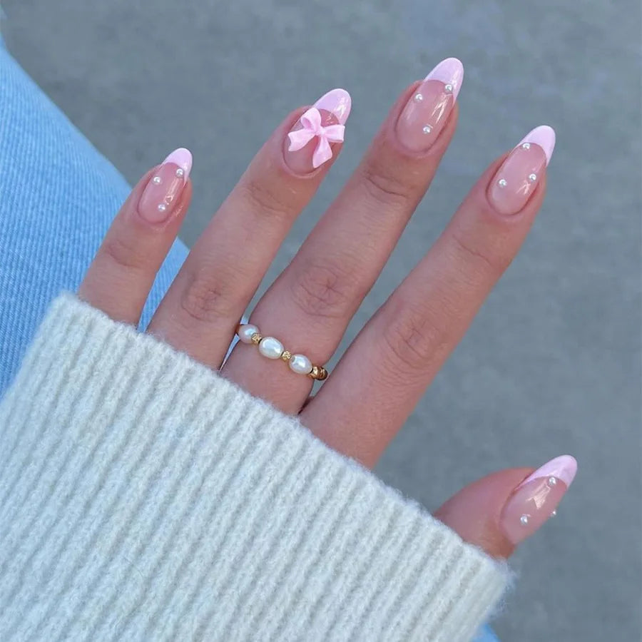 White French Press on Nails 3D Bowknot Fake Nails Tips Full Cover Wearable False Nails for Women and Girls DIY 24Pcs