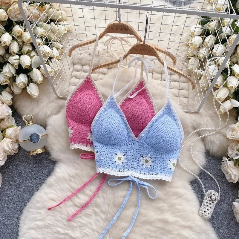 Vacation Style Camis Vest Women Patchwork Sweet Hook Flower Sexy Backless Suspender Camisole Hanging Neck Outwear Crop Tops
