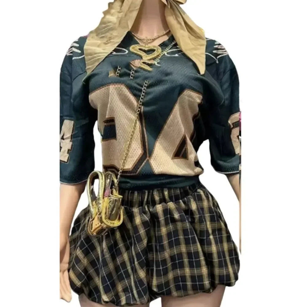 HLJ&GG Pink A-line Pleated Skirts Fashion Two Piece Sets Women Letter V Neck Short Sleeve Loose Tshirt And Mini Skirts Outfits
