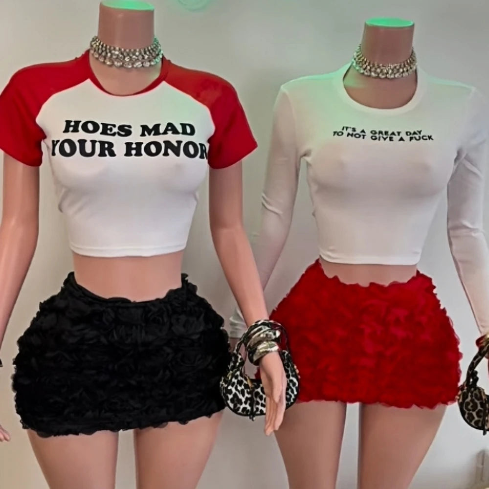 HLJ&GG Y2K Fashion Letter Print Slim Tshirts Two Piece Sets Women Round Neck Short Sleeve Top And Leopard Sequin Shorts Outfits
