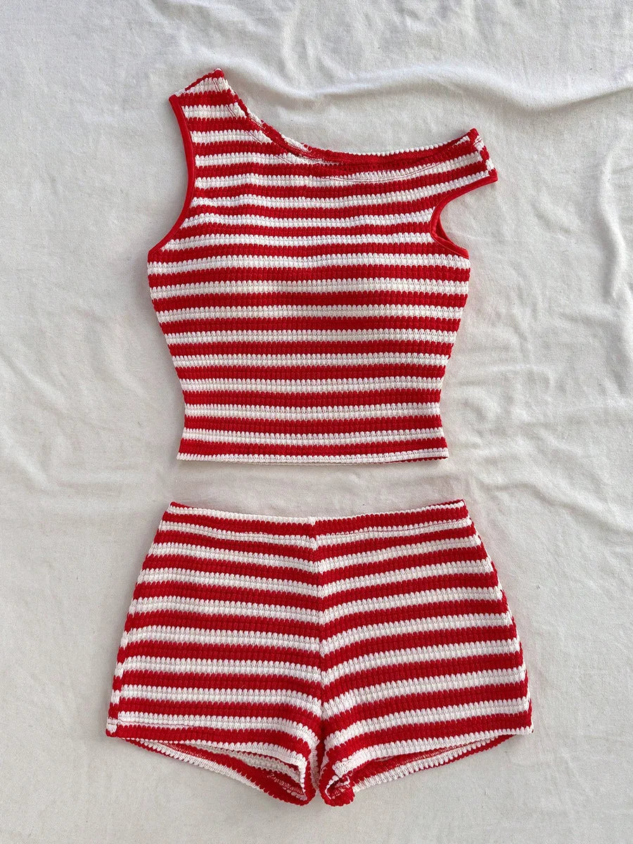 HLJ&GG Red Stripe Knitting Y2K Fashion Streetwear Women O Neck Sleeveless Slim Crop Top And Shorts Two Piece Sets Outfits 2025