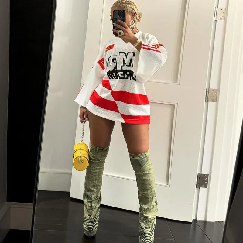 HLJ&GG Y2K Letter Print Mesh Two Piece Sets For Women V Neck Long Sleeve Top + Puffy Mini Skirts Outfits Fashion 2pcs Streetwear