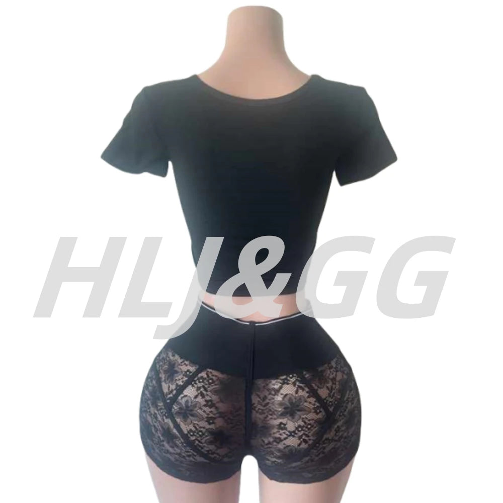 HLJ&GG Trendy Summer New Letter Printing Lace See Though Shorts Two Piece Sets Women Round Neck Slim Crop Top And Shorts Outfits