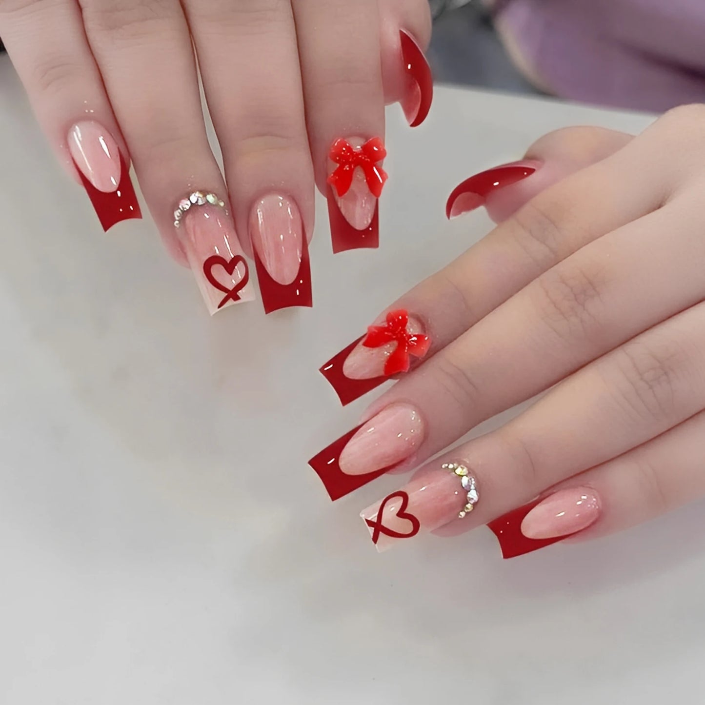 24pcs Nude Pink False Nails Patches 3D Bowknots Flower Press On Nails 2024 New Wearable White French Style Fake Nail Tips