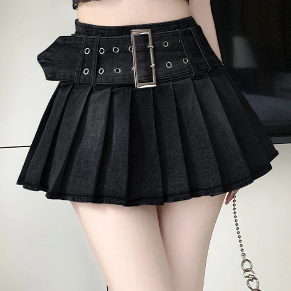 HLJ&GG Black Sexy Hot Girl Hollow Bandage Two Piece Sets Women Deep V Sleeveless Tank Top+Pleated Mini Skirts Outfits Streetwear