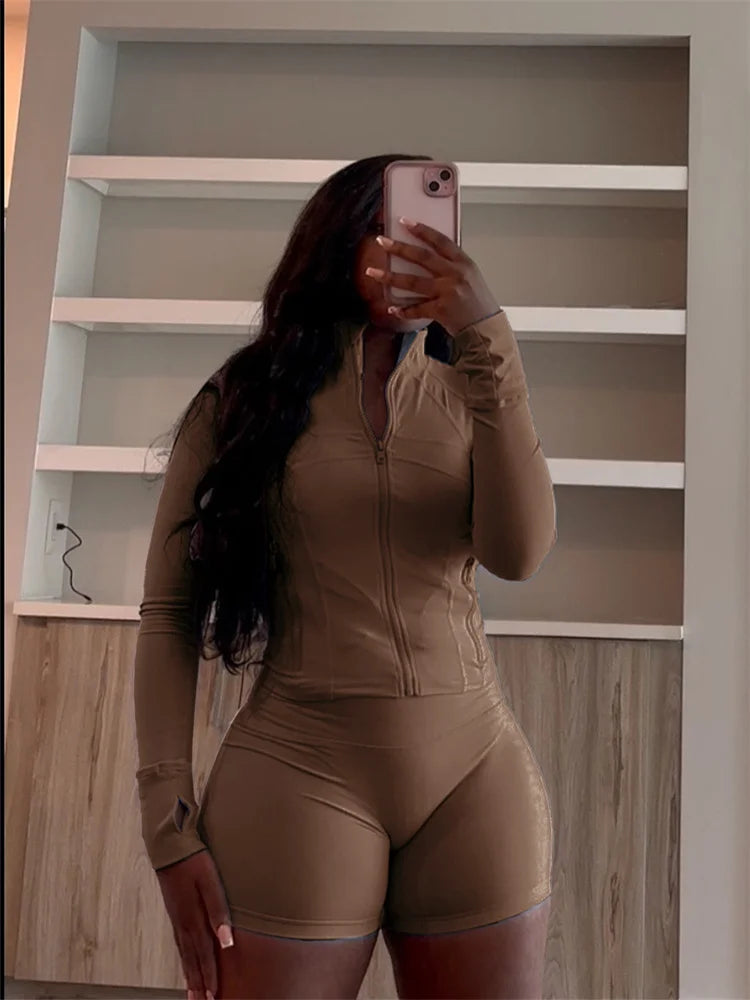 Weird Puss Casual Sporty 2 Piece Set Women Classic Tracksuit Cardigan Full Sleeve Jacket+Stretch Waist Skinny Shorts Trend Suits