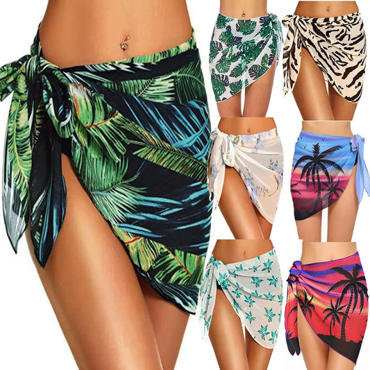Summer Bikini Wrap Sheer Coverups Set Women Print Short Sarongs Swimsuit  Beach Short Skirt Chiffon Scarf Cover Ups for Swimwear