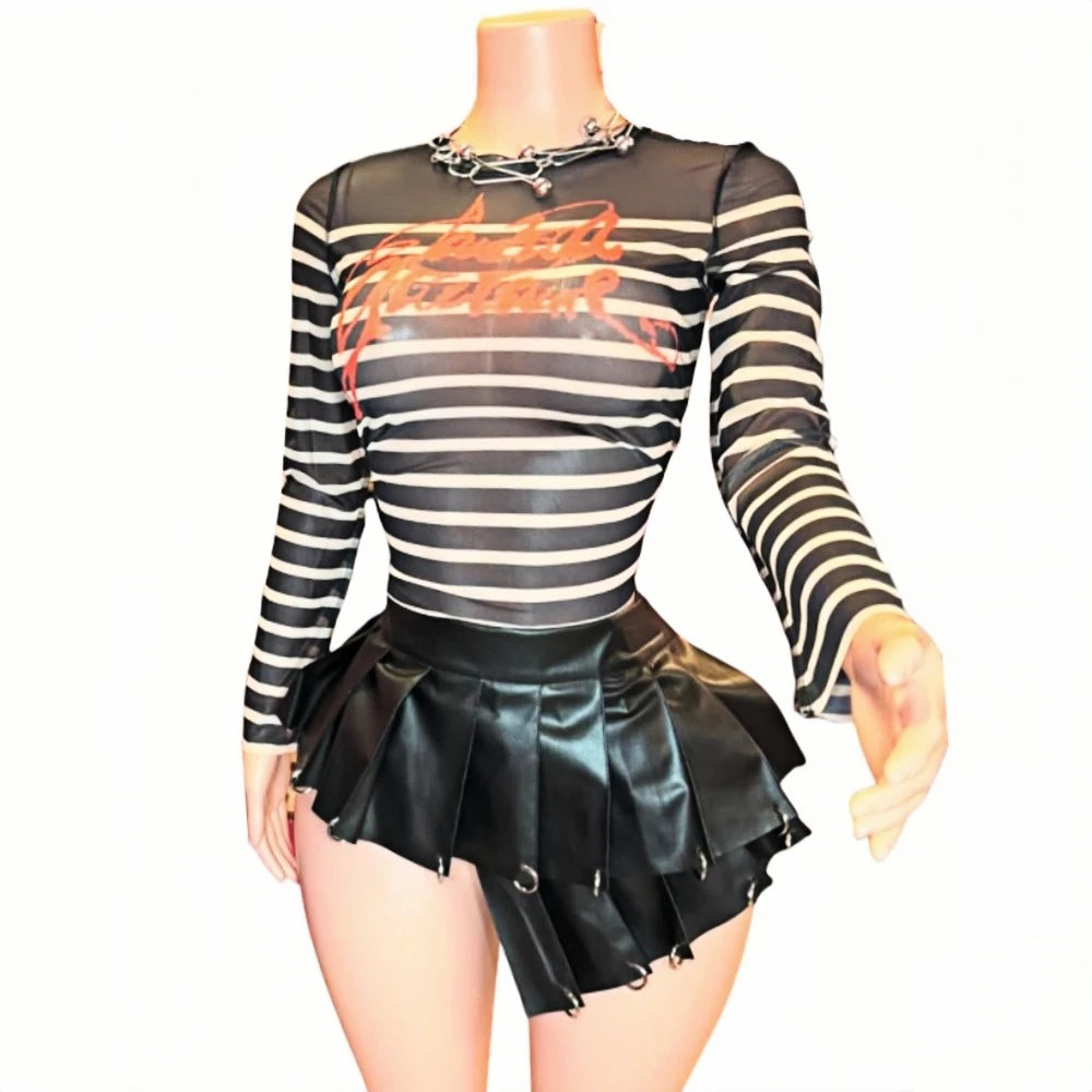 HLJ&GG Y2K Sexy Stripe Letter See Though Two Piece Sets Women Long Sleeve Slim Top And Mini Leather Skirts Outfits Streetwear