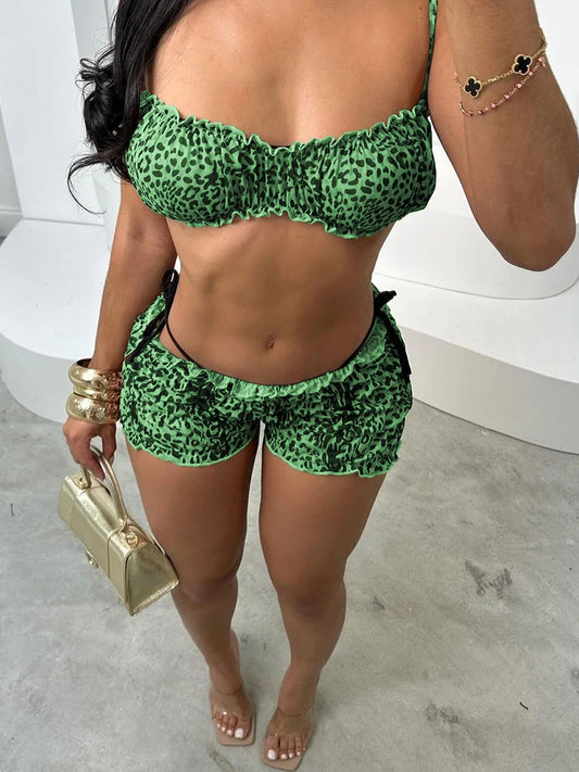 Weird Puss Leopard Print Women 2 Piece Set Sexy See Through Summer Ruffles Camisole+Shorts Vacation Matching Clubwear Outfits