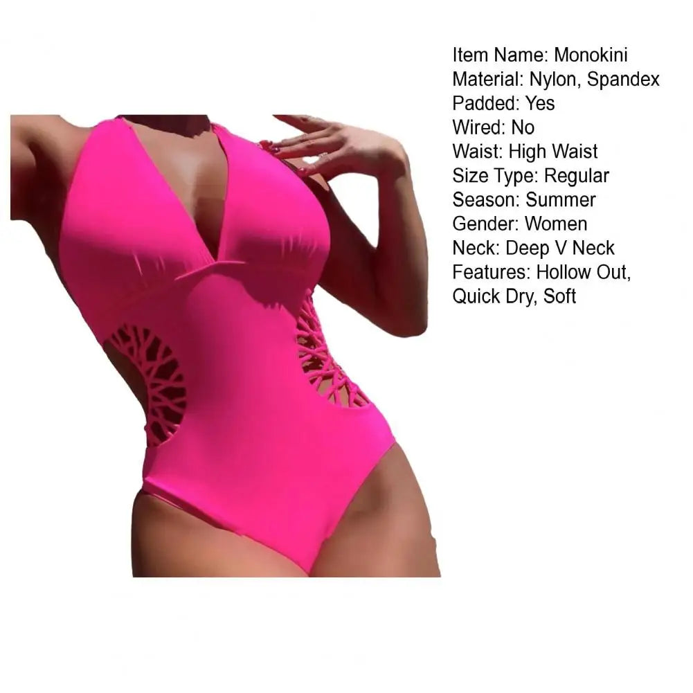 Summer Women Monokini Solid Color Hollow Out See-through Deep V Neck Lady Swimsuit Elastic High Waist Padded Bathing Suit