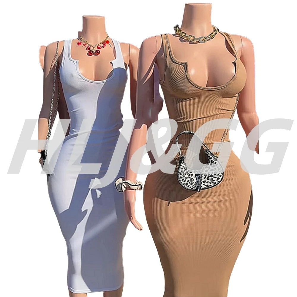HLJ&GG Summer New Deep V Bodycon Long Dresses Women Sleeveless Backless Slim Vestidos Sexy Female Solid Color Streetwear Robe