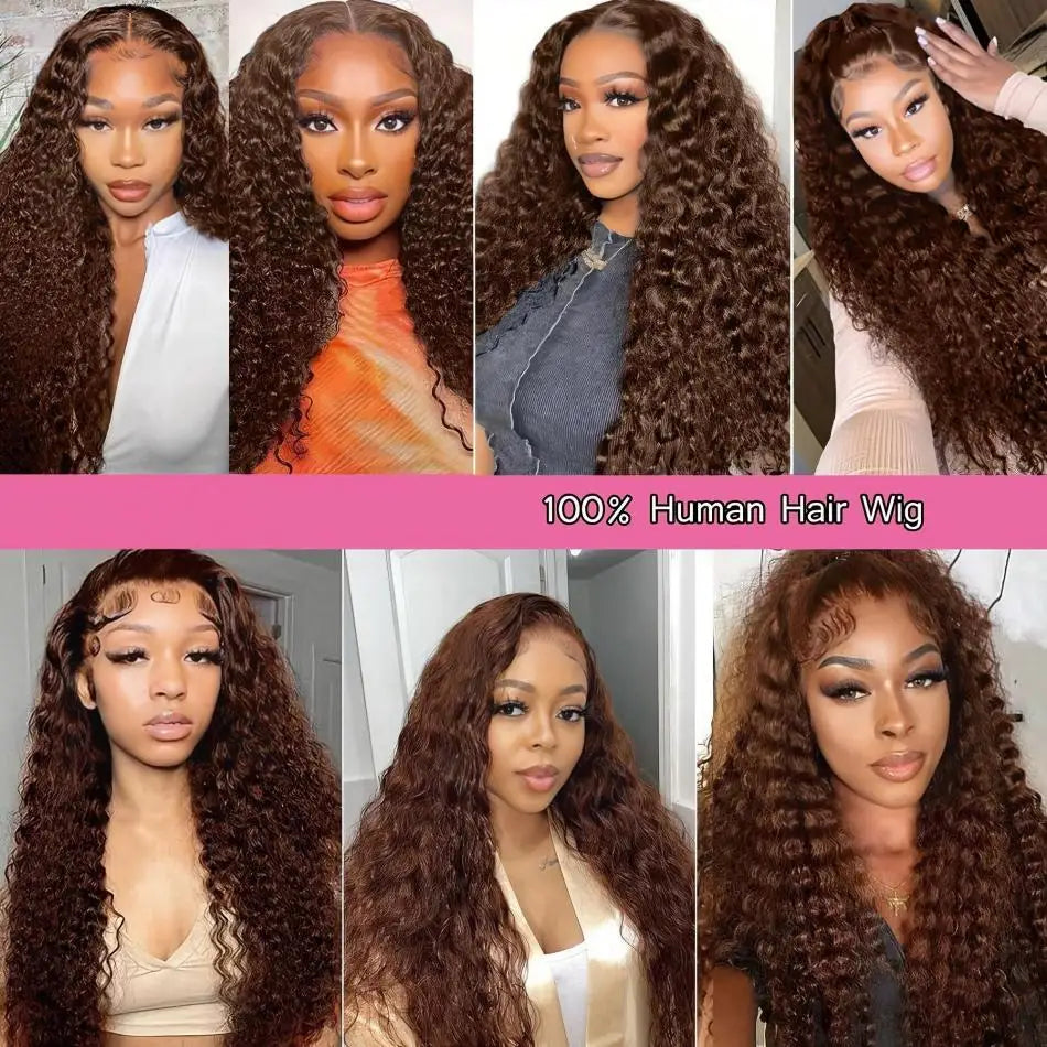 13X4 Chocolate Brown Curly Lace Front Wigs Colored 100% Human Hair Wigs Pre Plucked Deep Wave 13X6 Hd Lace Frontal Brazilian Wig