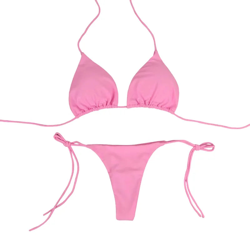 Solid Color Tie-Side G-String Bikini Set Breathtaking Bathing Suit with Feminine Bandage Design Sexy Brazilian Bikini Beachwear
