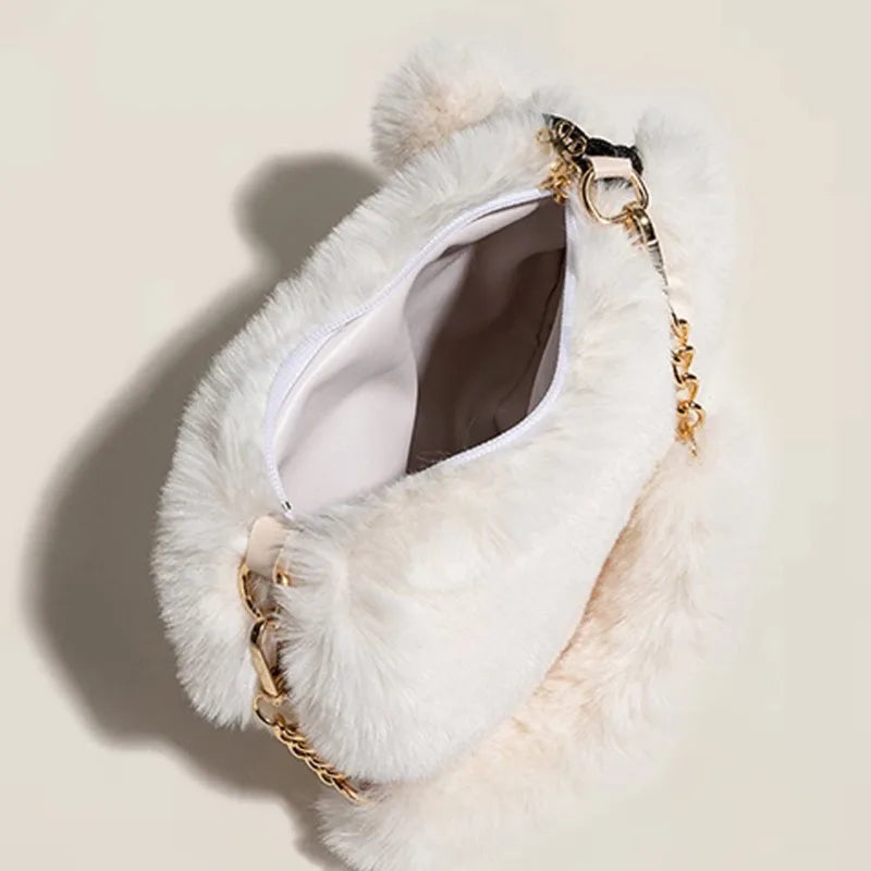 Luxury Faux Fur Heart-shaped Women Small Handbags Fluffy Plush Ladies Chain Shoulder Bag Fashion Female Furry Daily Clutch Purse