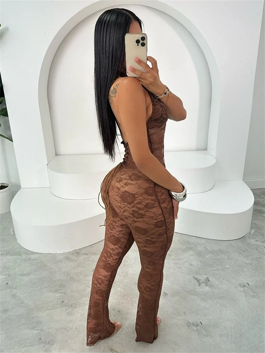 Weird Puss Hollow Bandage Jumpsuits Women Halter Sexy Jacquard Backless Sleeveless Skinny Street Workout Club Hipster Overalls