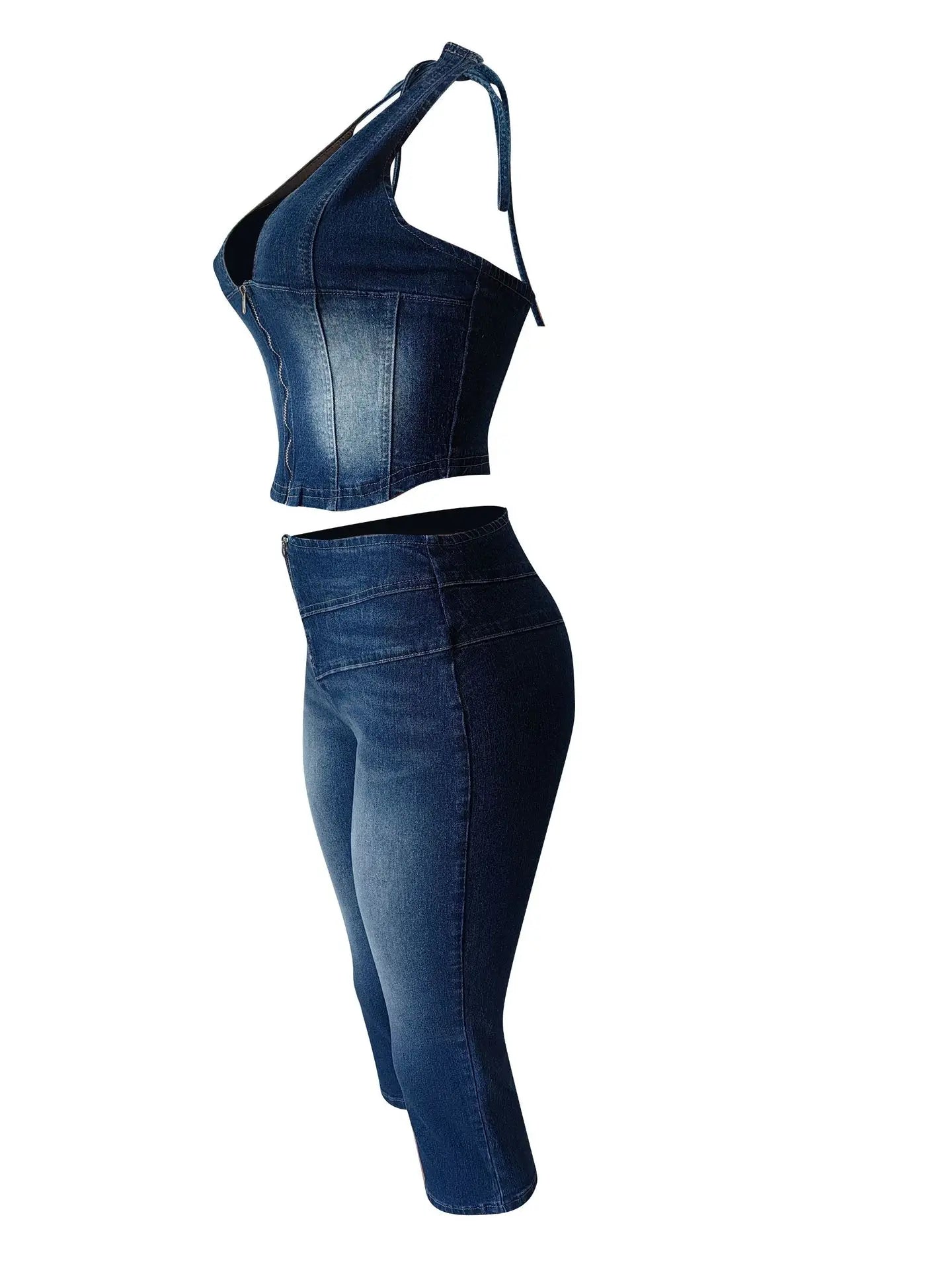 HLJ&GG Blue Fashion jeans Halter Two Piece Sets Women Sleeveless Backless Slim Crop Top And Skinny Jean Pants Outfits Streetwear