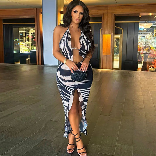 STYLISH LADY Black White Striped Printed Dress 2025 Summer Women Halter Backless Bodycon Sexy Club Party Split Long Dresses