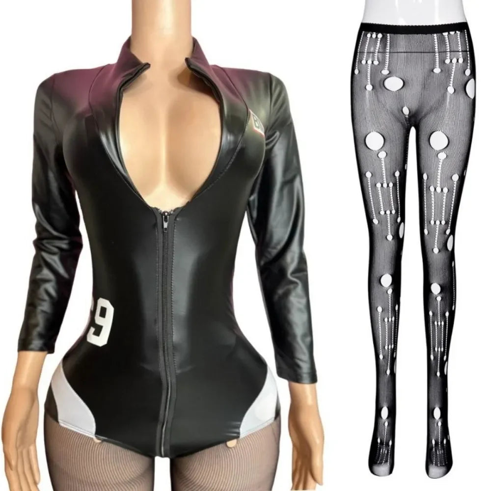HLJ&GG Black Sexy Deep V Letter Print Bodysuits Women Zipper Long Sleeve Stretchy Bodycon Romper + Mesh Skinny Socks Outfits New